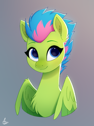 Size: 1500x2000 | Tagged: safe, artist:luminousdazzle, luminous dazzle, pegasus, pony, g5, background pony, blue eyes, bust, chest fluff, colored wings, eyebrows, female, gradient background, mare, multicolored mane, multicolored wings, smiling, solo, wings