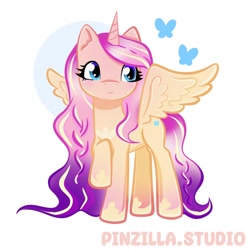 Size: 640x640 | Tagged: safe, artist:pinzillastudio, oc, oc only, alicorn, butterfly, pony, g4, female, fusion, fusion:fluttershy, fusion:princess cadance, gauntlet, jewelry, long mane, raised hoof, regalia, simple background, smiling, solo, spread wings, white background, wings