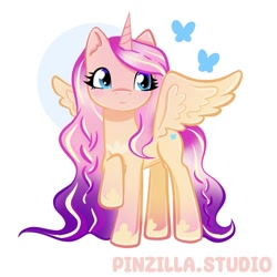 Size: 640x640 | Tagged: safe, artist:pinzillastudio, oc, oc only, alicorn, butterfly, pony, g4, alicorn oc, female, fusion, fusion:flutterdance, fusion:fluttershy, fusion:princess cadance, gauntlet, horn, jewelry, long mane, raised hoof, regalia, simple background, smiling, solo, spread wings, white background, wings