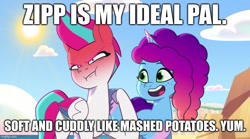 Size: 898x500 | Tagged: safe, edit, edited screencap, screencap, misty brightdawn, zipp storm, g5, hot day huh?, my little pony: tell your tale, caption, ed edd n eddy, image macro, text