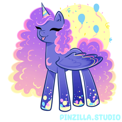 Size: 640x640 | Tagged: safe, artist:pinzillastudio, oc, oc only, alicorn, pony, g4, balloon, coat markings, confetti, eyes closed, female, fusion, fusion:pinkie pie, fusion:princess luna, gradient mane, simple background, solo, tongue out, white background