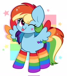 Size: 1812x2048 | Tagged: safe, artist:kittyrosie, part of a set, rainbow dash, pegasus, pony, g4, :p, clothes, colored wings, colored wingtips, cute, dashabetes, female, gay pride flag, mare, multicolored wings, one eye closed, pride, pride flag, pride month, pride socks, rainbow feathers, rainbow socks, rainbow wings, socks, solo, spread wings, starry eyes, stars, striped socks, tongue out, wingding eyes, wings, wink
