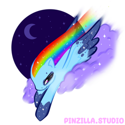 Size: 640x640 | Tagged: safe, artist:pinzillastudio, oc, oc only, pegasus, pony, g4, cloud, coat markings, crescent moon, ethereal mane, female, flying, fusion, fusion:princess luna, fusion:rainbow dash, moon, rainbow trail, simple background, solo, sparkles, stars, white background