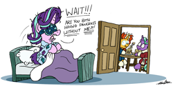 Size: 2700x1348 | Tagged: safe, artist:bobthedalek, firelight, starlight glimmer, sunburst, pony, unicorn, g4, atg 2024, bathrobe, bed, breakfast, caught, clothes, female, food, glim glam's jim jams, horn, male, mare, newbie artist training grounds, pajamas, pancakes, robe, simple background, sleep mask, stallion, that pony sure does love pancakes, trio, white background