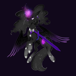 Size: 3600x3600 | Tagged: safe, artist:h204rt, oc, oc only, alicorn, pony, g4, black mane, black tail, colored pupils, digital art, ear piercing, earring, ethereal mane, ethereal tail, eyelashes, eyeshadow, fangs, feather, female, flowing mane, flowing tail, flying, glowing, glowing horn, high res, hoof shoes, horn, jewelry, lidded eyes, long horn, looking at you, magic, makeup, mare, peytral, piercing, purple background, regalia, simple background, solo, spread wings, starry mane, starry tail, sword, tail, weapon, white eyes, wings