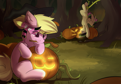 Size: 2181x1521 | Tagged: safe, artist:beardie, oc, oc only, earth pony, pegasus, pony, bow, duo, ear fluff, eye clipping through hair, hair bow, halloween, hat, holiday, jack-o-lantern, mouth hold, pumpkin, scene hair, sitting, suspended, tentacles, upside down, wide eyes, witch hat