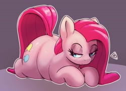 Size: 3476x2523 | Tagged: safe, artist:pabbley, pinkie pie, earth pony, pony, g4, chubby, fat, female, lidded eyes, lying down, mare, outline, pinkamena diane pie, ponyloaf, prone, pudgy pie, solo, white outline