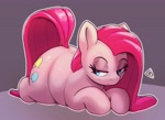 Size: 3476x2523 | Tagged: safe, artist:pabbley, pinkie pie, earth pony, pony, g4, chubby, fat, female, lidded eyes, lying down, mare, outline, pinkamena diane pie, prone, pudgy pie, solo, white outline