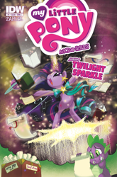 Size: 2063x3131 | Tagged: safe, artist:amy mebberson, idw, official comic, spike, twilight sparkle, dragon, pony, unicorn, g4, micro-series #1, my little pony micro-series, bipedal, book, comic cover, cover, cover art, duo, duo male and female, fanfic, female, horn, male, mare, my little pony logo, open mouth, open smile, scroll, smiling, stifling laughter, tail, unicorn twilight
