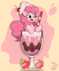 Size: 1741x2090 | Tagged: safe, artist:joaothejohn, pinkie pie, earth pony, pony, g4, blushing, chantilly, cherry, chocolate, cute, diapinkes, drink, female, food, happy, mare, milkshake, one eye closed, open mouth, open smile, simple background, smiling, straw, strawberry