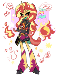Size: 1691x2212 | Tagged: safe, artist:budweiset, part of a set, sunset shimmer, demon, anthro, unguligrade anthro, equestria girls, g4, clothes, colored sclera, colored teeth, crossed arms, cutie mark, cutie mark background, cyan teeth, demonized, emanata, fangs, female, fire, grin, hellaverse, horn, jacket, leg markings, looking at you, orange sclera, passepartout, sharp teeth, shorts, simple background, smiling, solo, sparkles, species swap, standing, teeth, thick eyelashes, unshorn fetlocks, vivziepop, white background