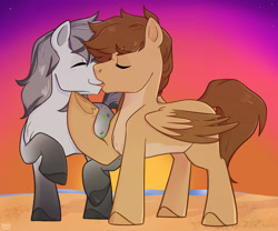 Size: 2242x1868 | Tagged: safe, artist:slushpony, oc, oc:cassie, oc:petrichor, earth pony, pegasus, beach, earth pony oc, eyes closed, gay, kissing, male, oc x oc, pegasus oc, raised hoof, shipping, simple background, stallion oc, wings