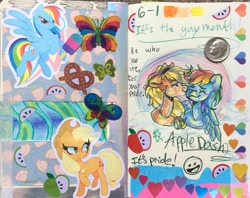 Size: 2395x1896 | Tagged: safe, artist:kindakismet, artist:sweetmelon556, applejack, rainbow dash, pony, g4, coin, female, lesbian, ship:appledash, shipping, traditional art