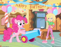 Size: 2017x1558 | Tagged: safe, artist:microjayva, pinkie pie, earth pony, human, female, happy birthday, party cannon