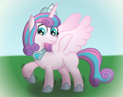 Size: 3400x2684 | Tagged: safe, artist:sweetielover, princess flurry heart, alicorn, pony, g4, atg 2024, countryside, fear, female, high res, newbie artist training grounds, older, older flurry heart, raised leg, simple background, solo, spread wings, wings