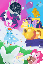 Size: 3000x4500 | Tagged: safe, artist:kobayen, applejack, fluttershy, pinkie pie, rainbow dash, rarity, twilight sparkle, balloon, mane six