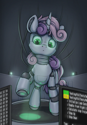 Size: 592x850 | Tagged: safe, artist:zeepheru_pone, sweetie belle, pony, robot, robot pony, unicorn, g4, atg 2024, code, computer, female, green eyes, horn, light, newbie artist training grounds, raised hoof, solo, sweetie bot, tail, two toned mane, two toned tail