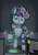 Size: 592x850 | Tagged: safe, artist:zeepheru_pone, sweetie belle, pony, robot, robot pony, unicorn, atg 2024, code, computer, female, green eyes, horn, light, newbie artist training grounds, raised hoof, solo, sweetie bot, tail, two toned mane, two toned tail