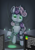 Size: 592x850 | Tagged: safe, artist:zeepheru, sweetie belle, pony, robot, robot pony, unicorn, g4, atg 2024, code, computer, female, green eyes, horn, light, newbie artist training grounds, raised hoof, solo, sweetie bot, tail, two toned mane, two toned tail