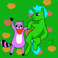 Size: 768x768 | Tagged: safe, artist:joeydr, oc, oc:green byte, pony, raccoon, unicorn, atg 2024, horn, indigo park (video game), male, newbie artist training grounds, rambley raccoon, stallion