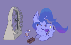Size: 960x608 | Tagged: safe, artist:nedemai, oc, oc only, pony, unicorn, animated, atg 2024, cute, drink, drinking straw, eyes closed, fan, female, game gear, gif, horn, loop, lying down, mare, newbie artist training grounds, ocbetes, prone, purple background, simple background, smiling, solo, windswept mane