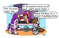 Size: 1250x800 | Tagged: safe, artist:ebbysharp, pipp petals, sunny starscout, oc, oc:littlepip, earth pony, pegasus, pony, unicorn, fallout equestria, g5, atg 2024, braid, braided ponytail, clothes, dialogue, drink, female, floppy ears, headband, horn, mare, newbie artist training grounds, ponytail, shirt, smoothie, trio, trio female