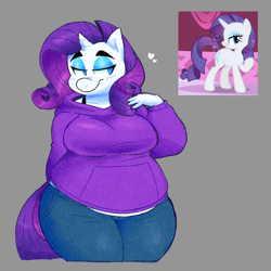 Size: 2000x2000 | Tagged: safe, artist:cuppucoffee, rarity, pony, unicorn, anthro, g4, green isn't your color, arm behind back, blush lines, blushing, bra, bra strap, breasts, chubby, clothes, eyeshadow, fat, female, floating heart, gray background, heart, horn, lidded eyes, makeup, mare, obese, pants, raised hoof, requested art, screencap reference, simple background, smiling, solo, sweater, tail, underwear