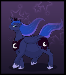 Size: 1800x2047 | Tagged: safe, artist:bastiel, princess luna, alicorn, pony, g4, abdominal bulge, belly, big belly, crown, ethereal mane, ethereal tail, female, gradient background, hoof shoes, jewelry, large belly, mare, pregluna, pregnant, regalia, smiling, solo, tail, walking