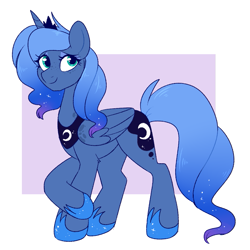 Size: 879x879 | Tagged: safe, artist:lulubell, princess luna, alicorn, pony, g4, abstract background, coat markings, crown, dappled, female, freckles, freckluna, hoof shoes, jewelry, mare, older, passepartout, regalia, s1 luna, smiling, solo