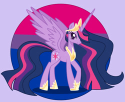 Size: 1024x837 | Tagged: safe, artist:g0thicxc, twilight sparkle, alicorn, pony, g4, bilight sparkle, bisexual pride flag, bisexuality, crown, female, hoof shoes, horn, jewelry, long horn, long mane, long tail, mare, older, older twilight, older twilight sparkle (alicorn), peytral, pride, pride flag, princess twilight 2.0, purple background, regalia, simple background, slender, solo, tail, tall, thin, twilight sparkle (alicorn)