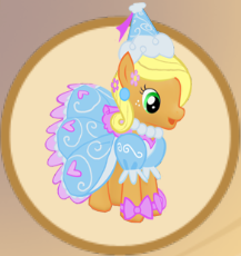 Size: 217x230 | Tagged: safe, applejack, earth pony, pony, g4, look before you sleep, beautiful, bow, clothes, dress, flower, flower in hair, froufrou glittery lacy outfit, hat, hennin, princess, princess applejack, puffy sleeves