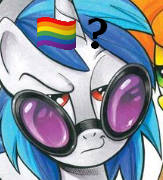 Size: 163x180 | Tagged: safe, artist:andy price, idw, carrot top, dj pon-3, golden harvest, vinyl scratch, earth pony, pony, unicorn, g4, background pony, female, glasses, horn, lgbt, looking at you, low res image, lowres, mare, meme, picture for breezies, pride, pride flag, red eyes, shitposting, vinyl's glasses