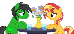 Size: 2354x1086 | Tagged: safe, artist:star-armour95, sunset shimmer, oc, oc:star armour, pegasus, pony, unicorn, equestria girls, g4, canon x oc, date, duo, duo male and female, facing each other, female, flower, glass, horn, male, mare, simple background, smiling, stallion, table, transparent background, vase, water