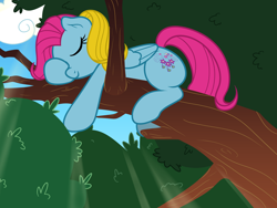 Size: 2000x1500 | Tagged: safe, artist:nitei, thistle whistle, pegasus, pony, g3, g4, atg 2024, cloud, eyes closed, g3 to g4, generation leap, lying down, newbie artist training grounds, sleeping, solo, tree, tree branch