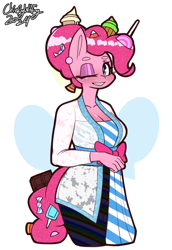 Size: 744x1084 | Tagged: safe, artist:chiefywiffy, pinkie pie, earth pony, anthro, g4, breasts, busty pinkie pie, candy, cleavage, clothes, dress, female, food, kebaya, lollipop, mare, one eye closed, simple background, solo, white background, wink