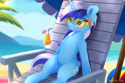 Size: 2400x1600 | Tagged: safe, artist:darksly, minuette, pony, unicorn, g4, atg 2024, beach, beach ball, beach chair, belly, chair, cocktail umbrella, cute, drink, female, horn, human shoulders, mare, newbie artist training grounds, ocean, palm tree, relaxing, shutter shades, smiling, solo, sunglasses, sunlight, tree, water