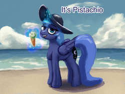 Size: 2732x2048 | Tagged: safe, artist:phutashi, princess luna, alicorn, pony, g4, beach, dialogue, female, food, glowing, glowing horn, horn, ice cream, ice cream cone, looking at you, magic, magic aura, mare, ocean, open mouth, open smile, pistachio (ice cream), smiling, smiling at you, solo, standing, telekinesis, water