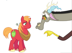 Size: 1348x992 | Tagged: safe, edit, vector edit, big macintosh, discord, draconequus, earth pony, pony, g4, discomac, duo, duo male, gay, male, pouting, shipping, simple background, stallion, transparent background, vector, vector used