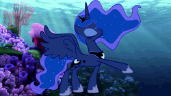 Size: 1280x720 | Tagged: safe, ai assisted, ai content, princess luna, alicorn, pony, g4, ai cover, ai voice, blue mane, blue tail, coral, crepuscular rays, ethereal mane, ethereal tail, eyes closed, eyeshadow, female, finding nemo, flowing mane, flowing tail, hoof shoes, makeup, mare, ocean, peytral, seaweed, solo, sound, spread wings, starry mane, starry tail, sunlight, swimming, tail, underwater, water, webm, wings