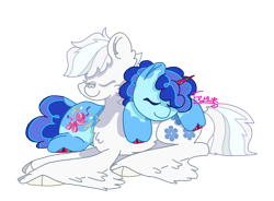 Size: 2060x1514 | Tagged: safe, artist:femurthechangeling, double diamond, party favor, earth pony, pony, unicorn, g4, albino, alternate hairstyle, cheek fluff, chest fluff, chubby, chubby cheeks, coat markings, colored hooves, colored horn, colorful, cuddling, duo, duo male, ear fluff, eyes closed, fluffy, g5 horn, gay, hooves, horn, lying down, male, multicolored hooves, multicolored horn, muzzle fluff, ship:partydiamond, shipping, signature, simple background, simple shading, snuggling, socks (coat markings), tail, tail feathers, transparent background, unshorn fetlocks, wall of tags