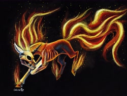 Size: 6219x4669 | Tagged: safe, artist:cahandariella, undead, unicorn, atg 2024, black background, bone, colored pencil drawing, concave belly, embers, fanfic art, fire, flaming hooves, horn, mane of fire, metal as fuck, newbie artist training grounds, ribs, simple background, skull, solo, tail, tail of fire, thin, traditional art, wight, wight pony oc