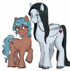Size: 1905x1947 | Tagged: safe, artist:fleuranonette, oc, oc only, oc:camera shy, oc:haunting beauty, earth pony, pegasus, pony, black hair, blue hair, duo, duo female, earth pony oc, female, glasses, height difference, implied lesbian, implied shipping, pegasus oc, simple background, white background