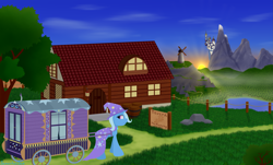 Size: 4101x2480 | Tagged: safe, artist:samenandsam, trixie, pony, unicorn, g4, barrel, brooch, building, bush, canterlot, cape, clothes, eyebrows, female, fence, fog, grass, hat, high res, horn, jewelry, lake, lamp, looking back, male, mountain, pathway, rock, rope, signboard, smiling, solo, sun, sunrise, tavern, tree, trixie's brooch, trixie's cape, trixie's wagon, wagon, water, windmill