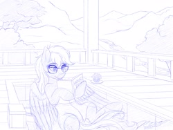 Size: 1920x1440 | Tagged: safe, artist:novaintellus, derpy hooves, pegasus, pony, g4, atg 2024, book, food, monochrome, muffin, newbie artist training grounds, onsen, reading, solo