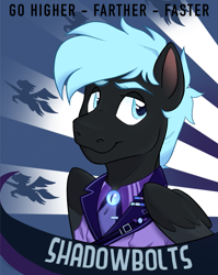 Size: 1353x1700 | Tagged: safe, artist:slushpony, oc, oc only, oc:midnight lancer, pegasus, equestria at war mod, badge, clothes, folded wings, looking at you, pegasus oc, poster, propaganda, shadowbolts, smiling, solo, uniform, wings