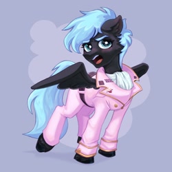 Size: 2048x2048 | Tagged: safe, artist:stinky_bug_, oc, oc only, oc:midnight lancer, pegasus, pony, ascot, badge, belt, blushing, clothes, cute, embarrassed, high res, hoof polish, looking at you, male, pegasus oc, solo, spread wings, stallion, tail, uniform, wings