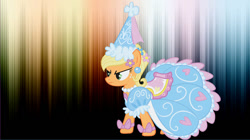 Size: 739x415 | Tagged: safe, edit, applejack, earth pony, pony, g4, look before you sleep, angry, clothes, dress, female, froufrou glittery lacy outfit, glare, gradient background, hat, hennin, jewelry, mare, necklace, pearl necklace, princess, princess applejack, puffy sleeves, solo