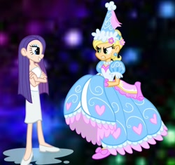 Size: 890x838 | Tagged: safe, edit, applejack, rarity, human, g4, look before you sleep, clothes, dress, duo, duo female, female, froufrou glittery lacy outfit, gown, humanized, princess, princess applejack, wet