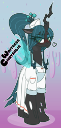 Size: 3680x7680 | Tagged: source needed, safe, artist:niggerdrawfag, queen chrysalis, changeling, changeling queen, g4, blush lines, blushing, clothes, cute, female, gradient background, queen chrysalis is not amused, solo, unamused, waitress