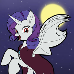 Size: 1280x1280 | Tagged: safe, artist:bunnyweinberger, rarity, alicorn, bat pony, bat pony alicorn, unicorn, g4, alternate eye color, bat ponified, bat wings, cape, clothes, female, full moon, horn, mare, moon, night, open mouth, outdoors, race swap, raribat, rearing, red eyes, solo, wings